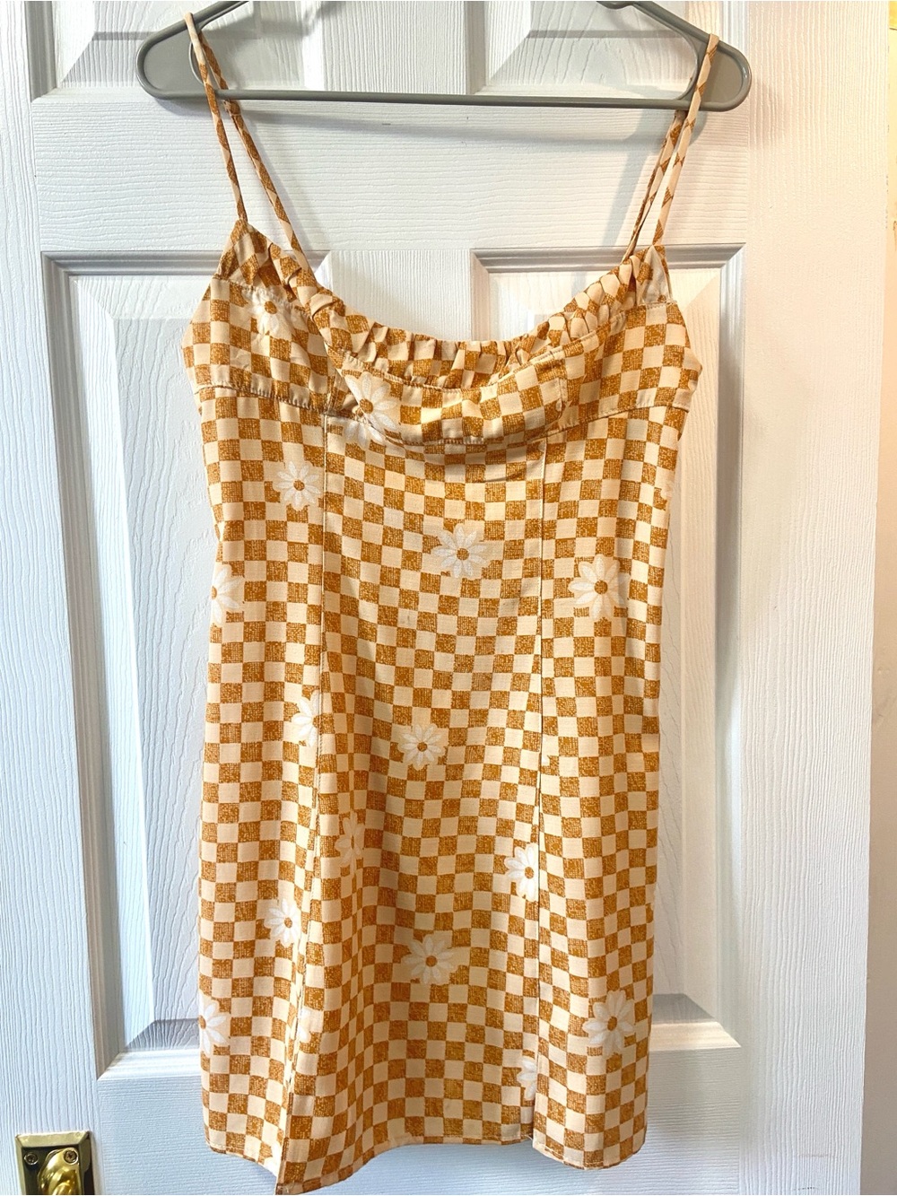 Urban Outfitters Checkerboard Plaid Mini Slip Dress, Yellow w/Cream Flowers M